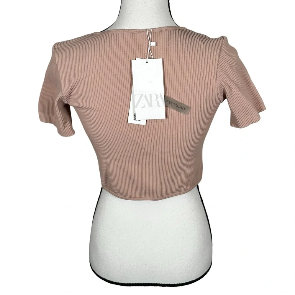 NWT Zara Blushed Pink Ribbed Crop Tie Top - Picture 3 of 7